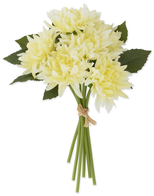 Bouquet of light yellow flowers with green stems on a white background real touch dahlia