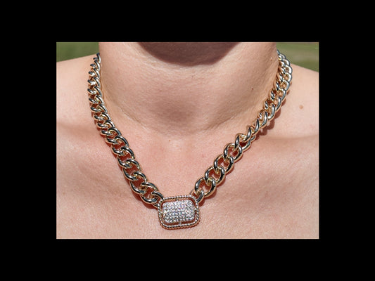 Model wearing the Colette Pavé Link Necklace styled as a bold everyday statement piece