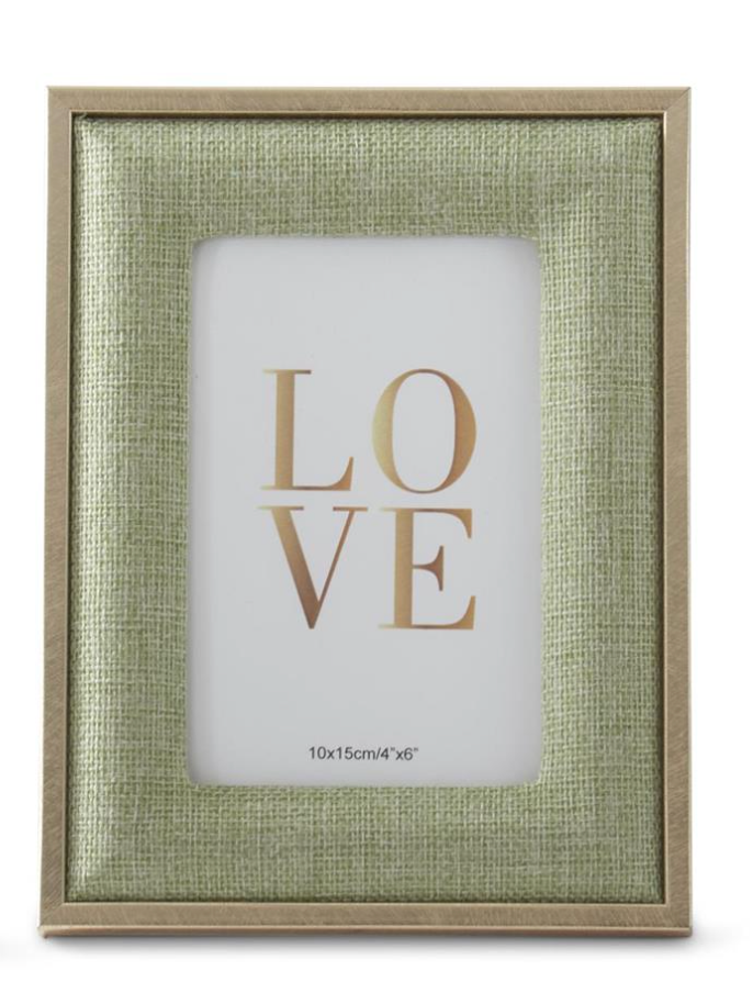 Petite light green woven linen photo frame with gold-tone trim designed to hold a 4-by-6-inch photograph.