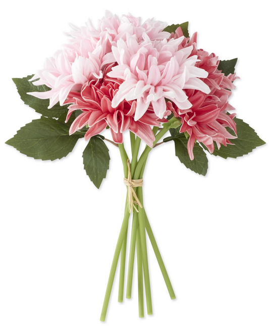 Bouquet of pink and white dahlia flowers with green leaves on a white background real touch