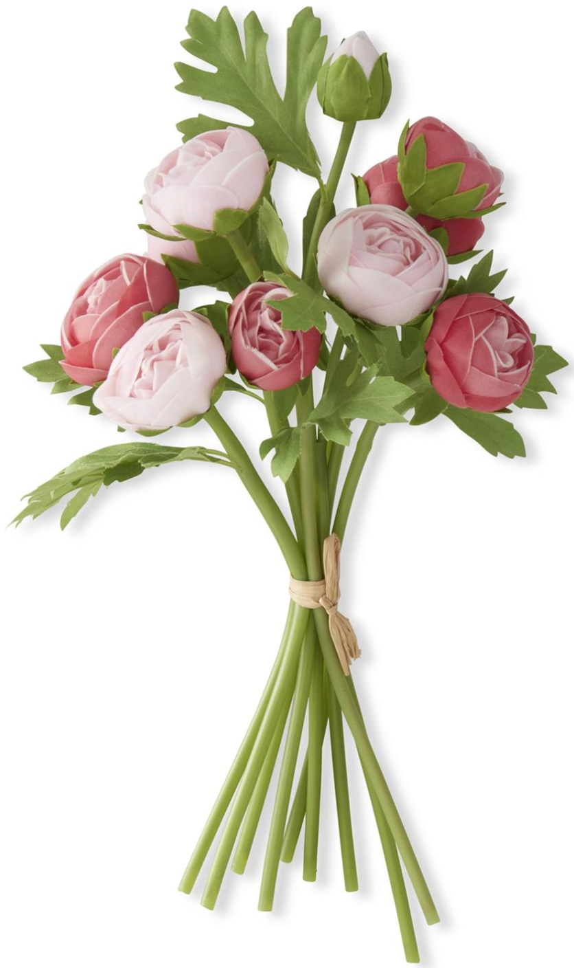 Bouquet of light pink and pink flowers ranunculus with green leaves on a white background real touch
