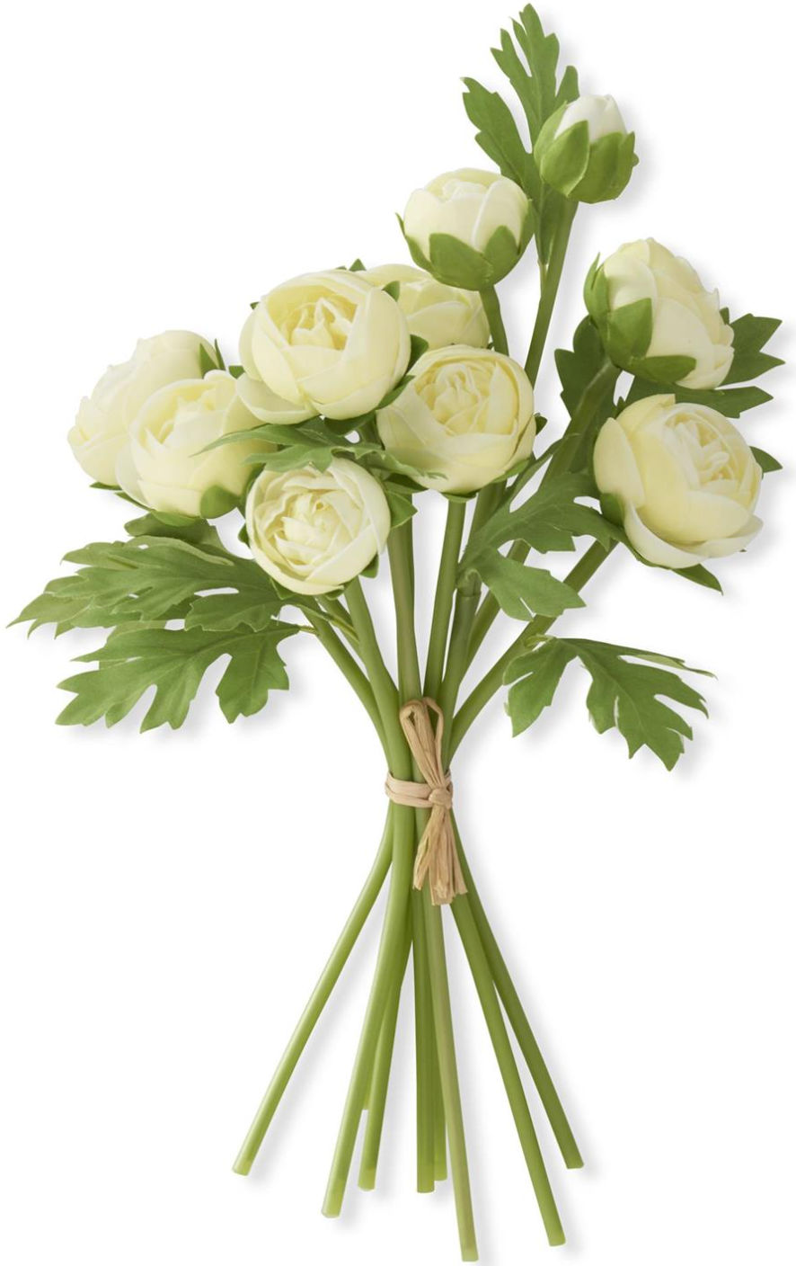 Bouquet of light yellow ranunculus flowers with green leaves on a white background teal touch