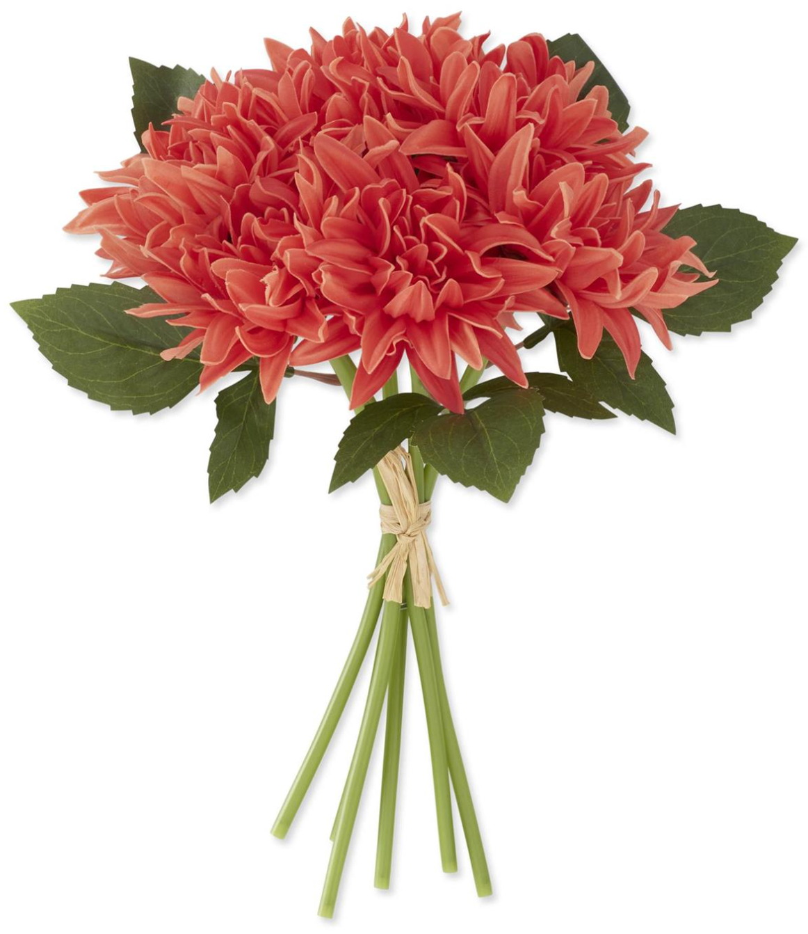 Bouquet of coral-colored real touch dahlia flowers with green stems on a white background