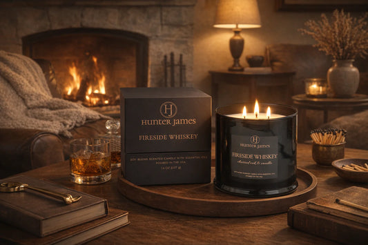 Hunter James Fireside Whiskey candle and packaging on a wooden table with a fireplace in the background