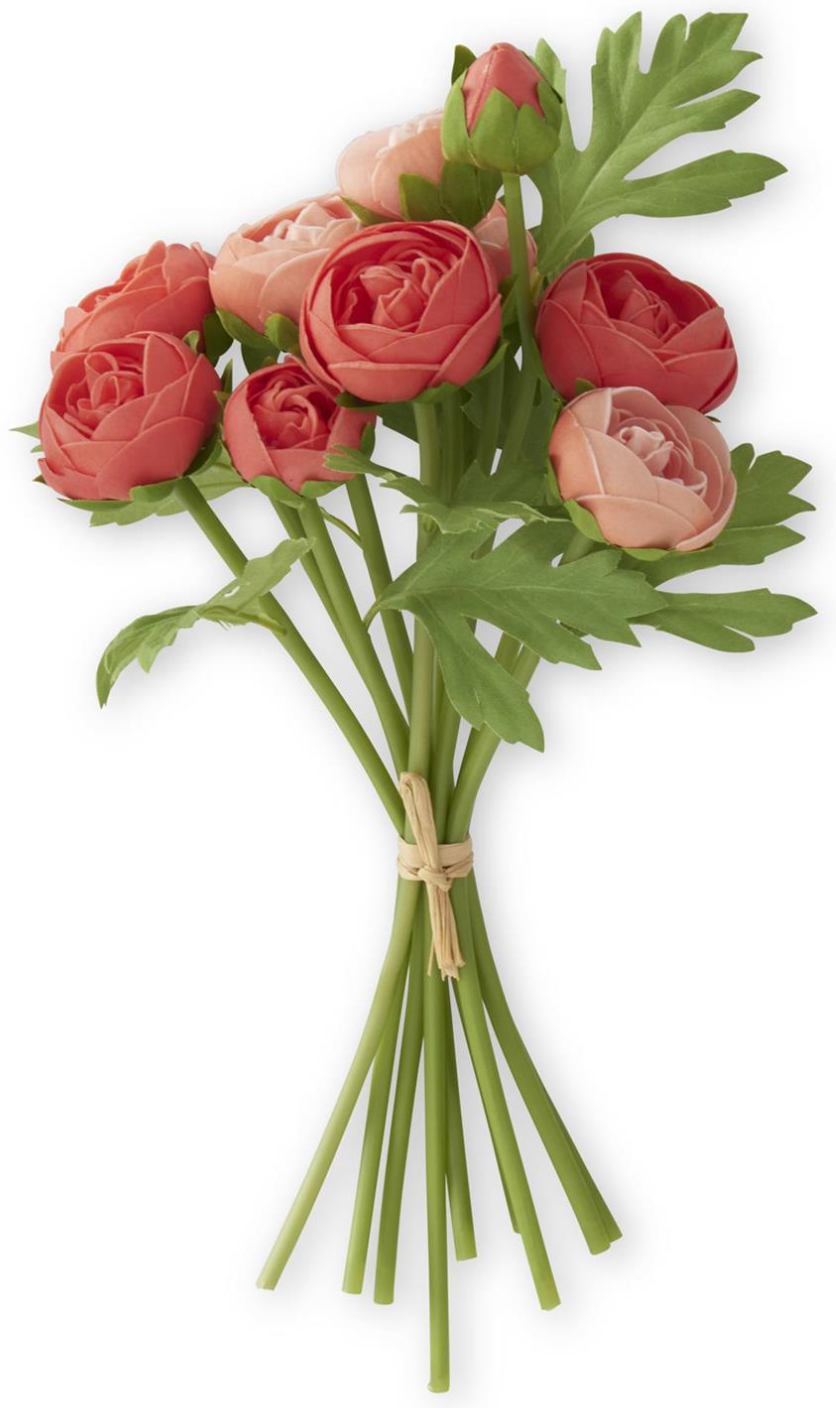 Bouquet of orange and coral ranunculus flowers with green leaves on a white background real touch