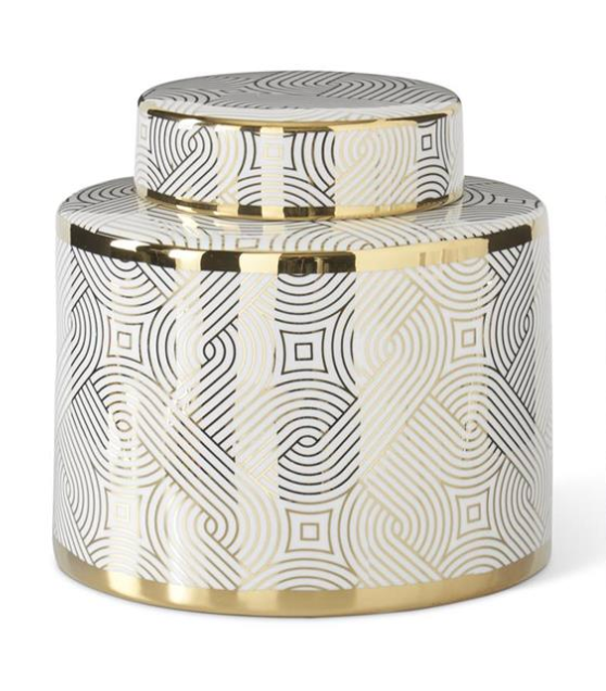 Grande white ceramic Windsor Ginger Jar with gold detailing and a substantial traditional lidded silhouette.