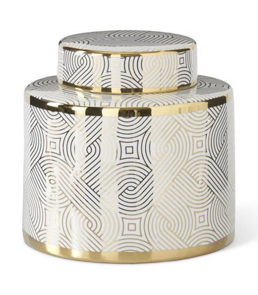 Grande white ceramic Windsor Ginger Jar with gold detailing and a substantial traditional lidded silhouette.