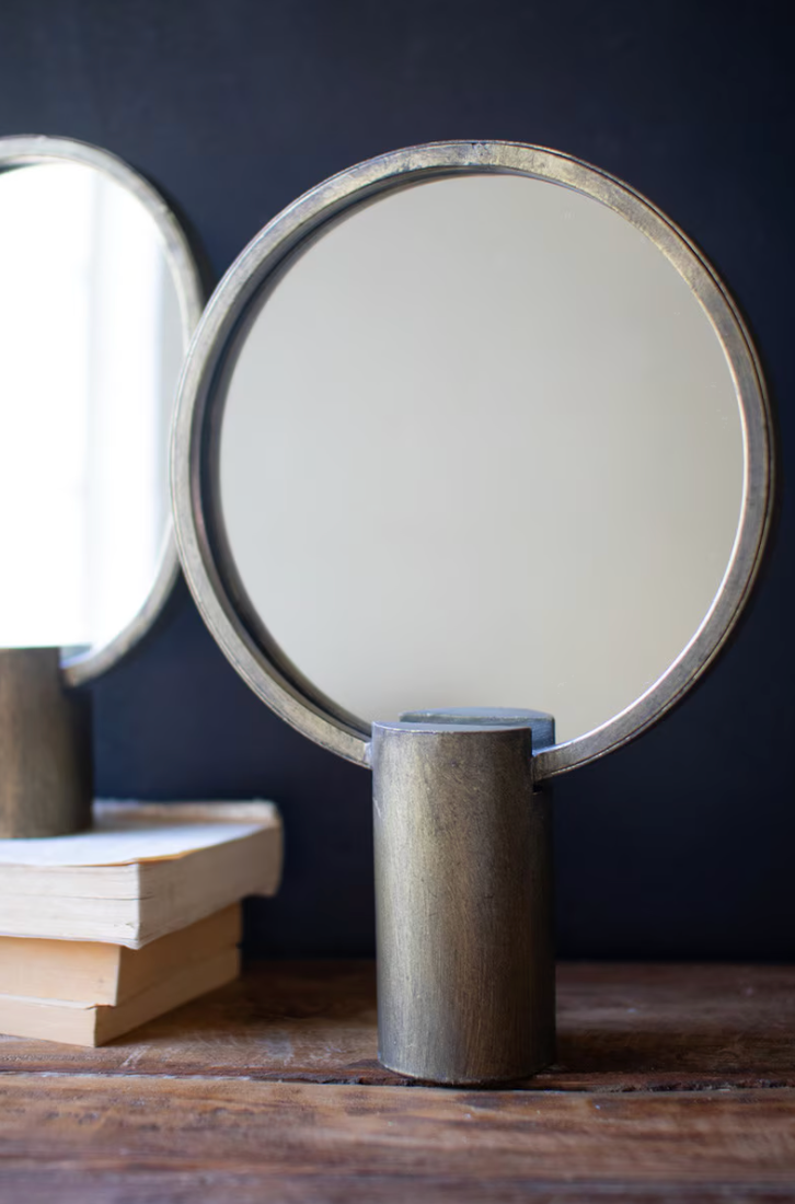The Siren’s Looking Glass Grande antique brass tabletop mirror