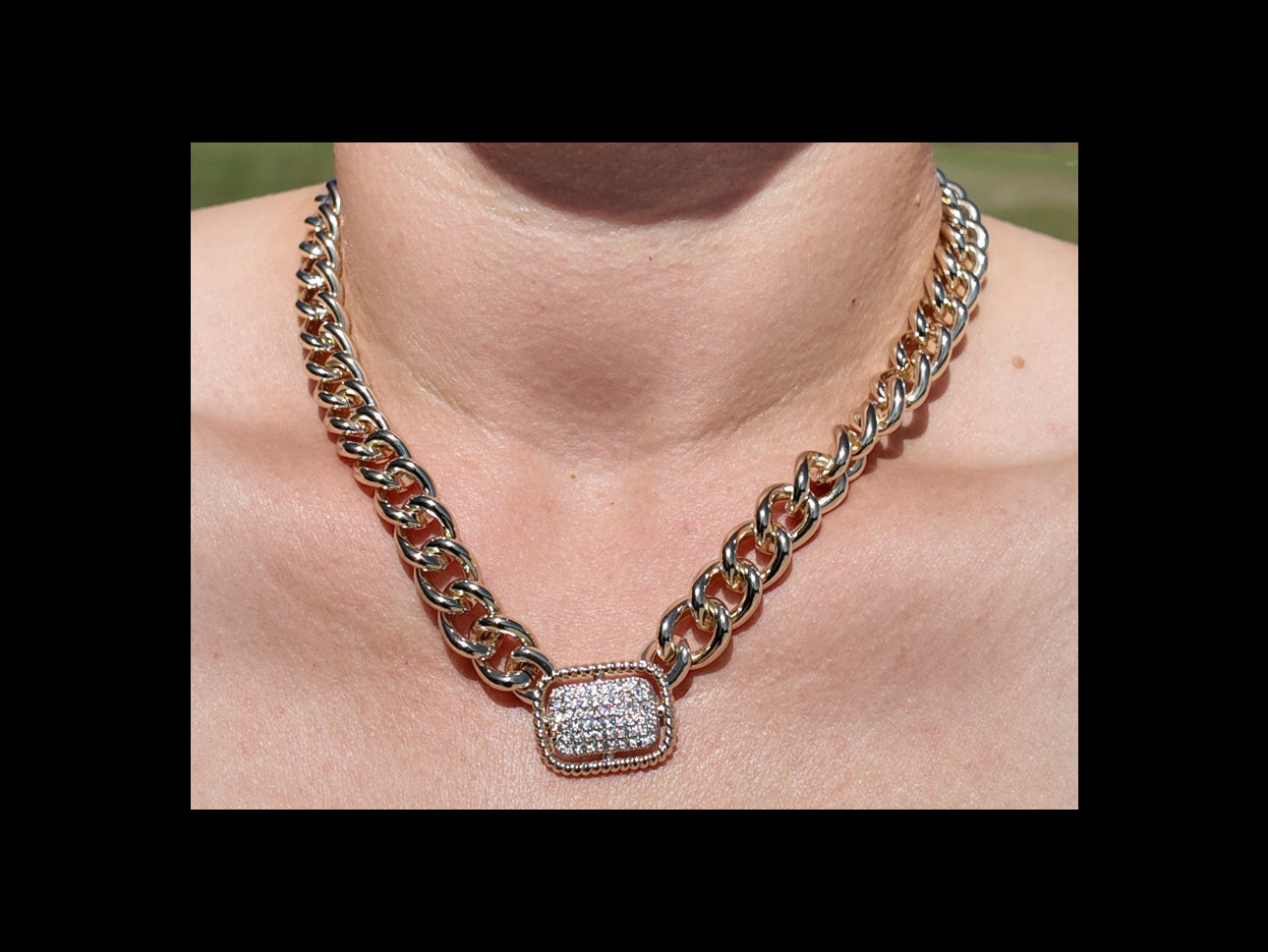Model wearing the Colette Pavé Link Necklace styled as a bold everyday statement piece