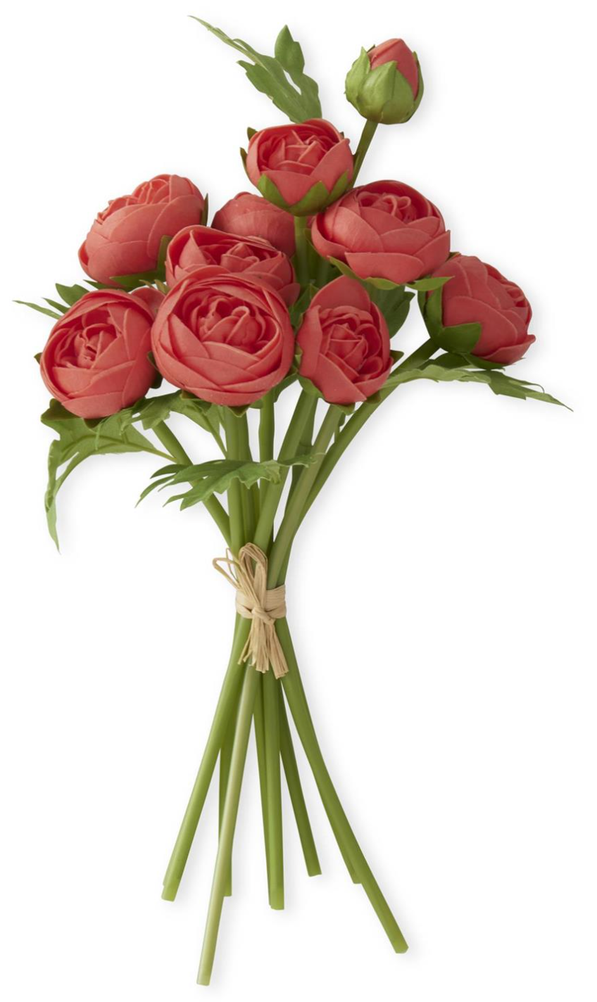 Bouquet of coral artificial ranunculus with green stems on a white background real touch
