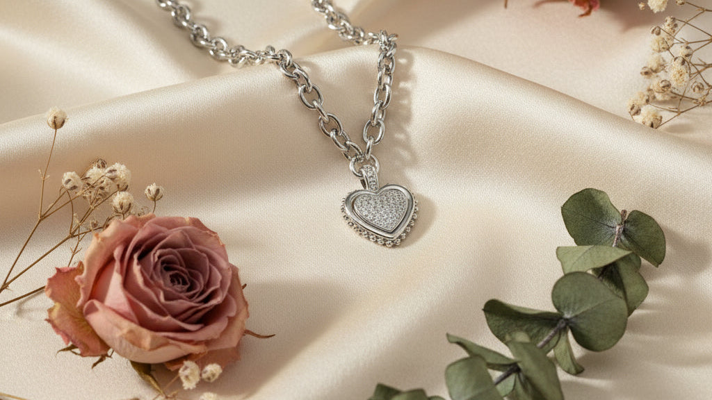 Silver necklace with a heart pendant on a beige fabric background with a rose and green leaves.