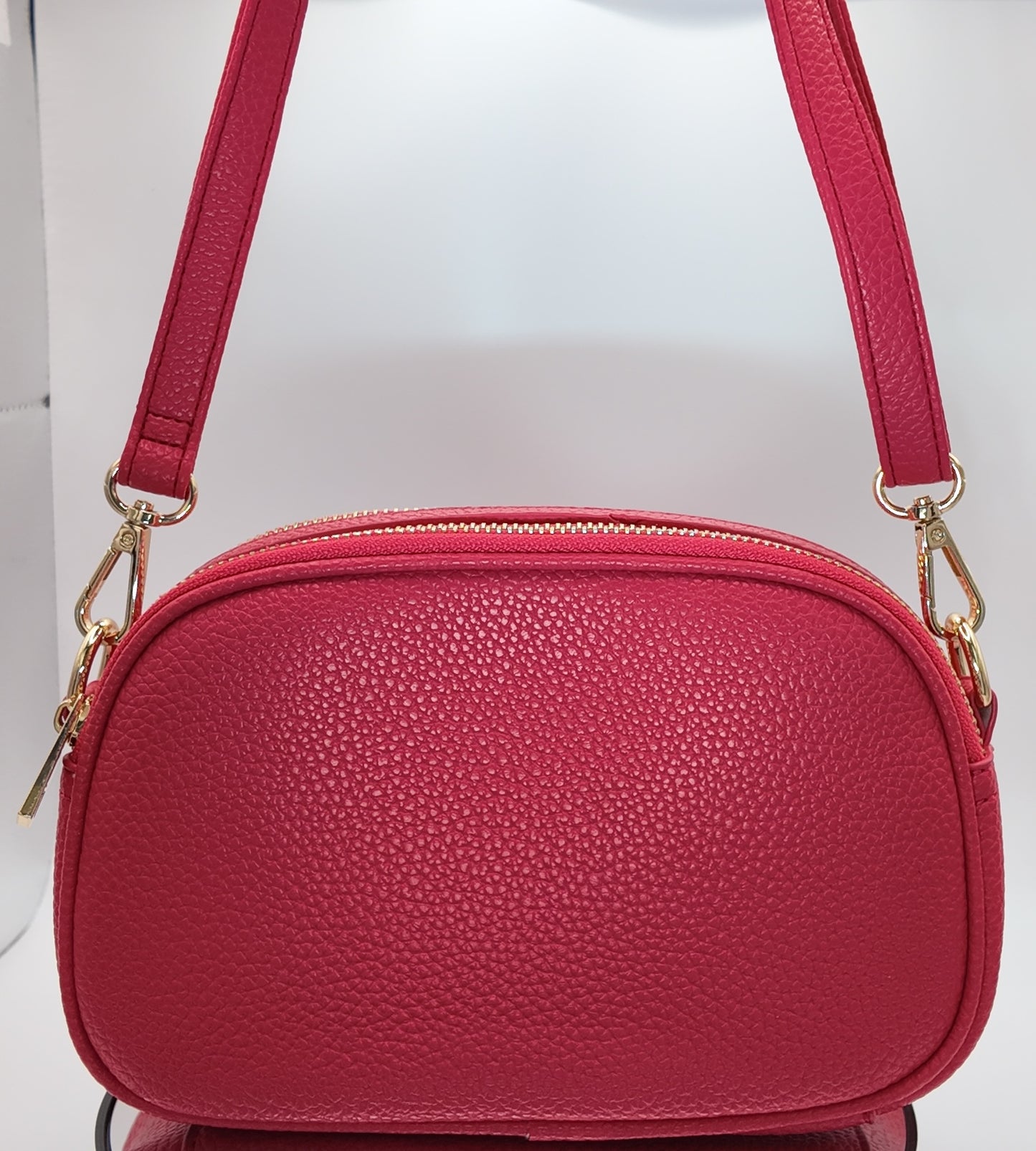Strap detail of The Elodie Pebble Crossbody showing gold hardware and structured design.