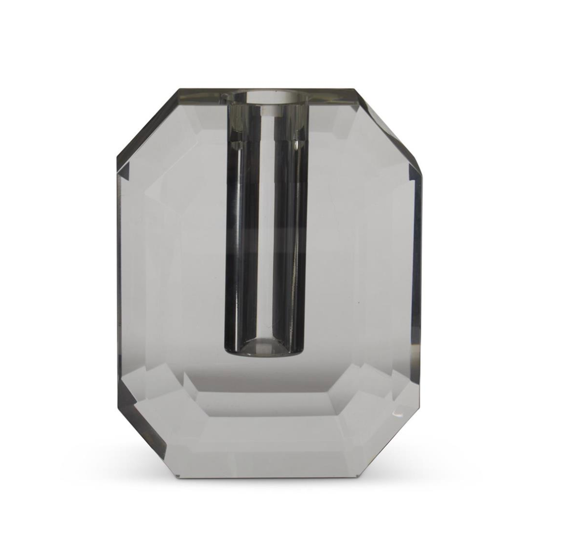 Smoke-gray faceted crystal bud vase with a geometric silhouette and suspended stem opening.