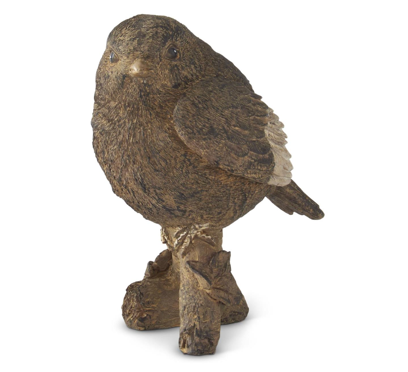 Textured brown Hedgerow Wren decorative bird perched on a branch with softly burnished gold accents.