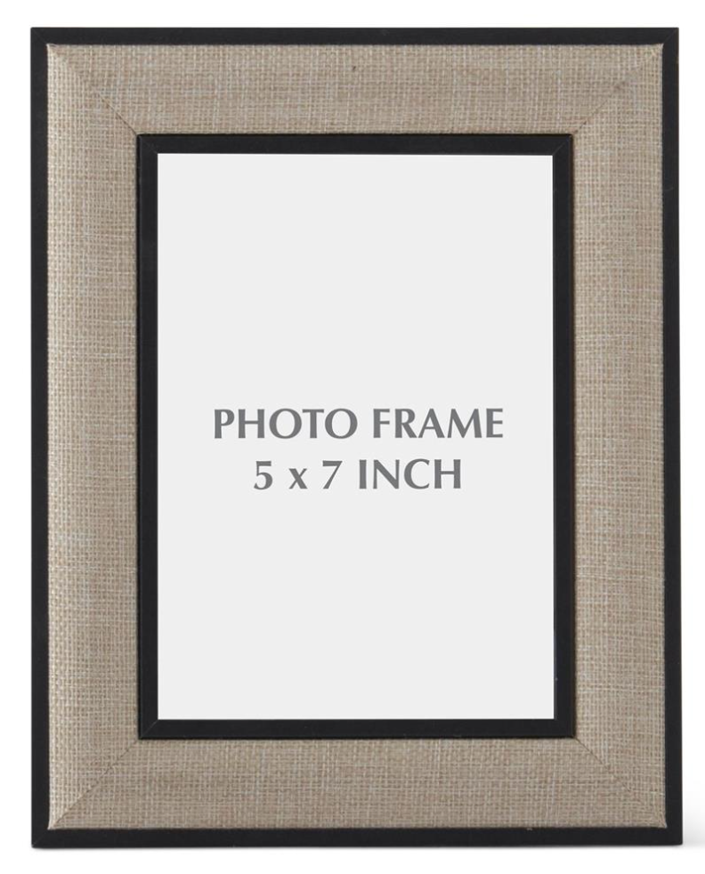Grande black and natural linen tabletop photo frame designed to hold a 5-by-7-inch photograph.