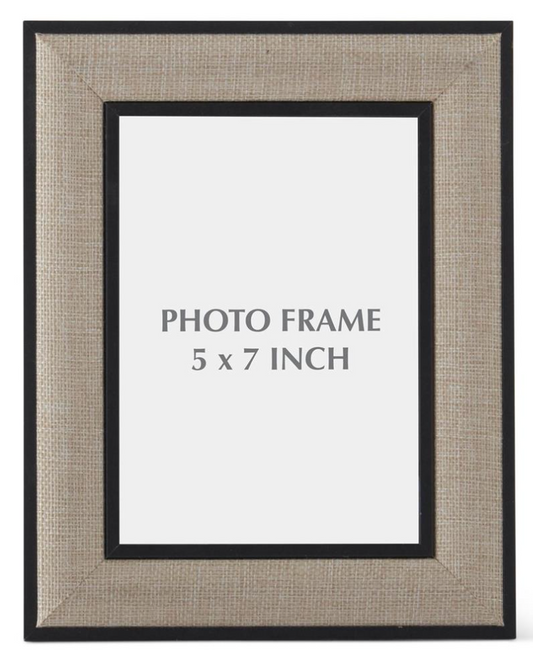 Grande black and natural linen tabletop photo frame designed to hold a 5-by-7-inch photograph.