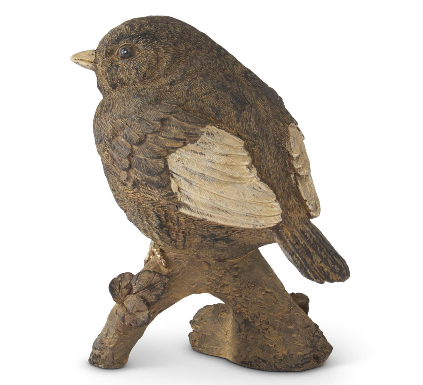 Back of Textured brown Hedgerow Wren decorative bird perched on a branch with softly burnished gold accents.