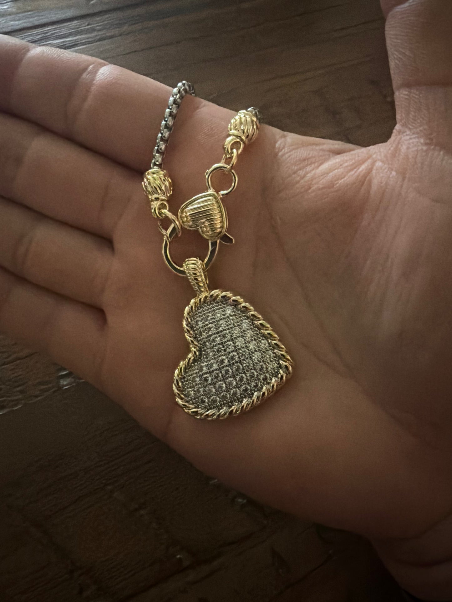   Detailed view of Kimberly Pavé Two-Tone Heart Necklace clasp and pavé heart charm