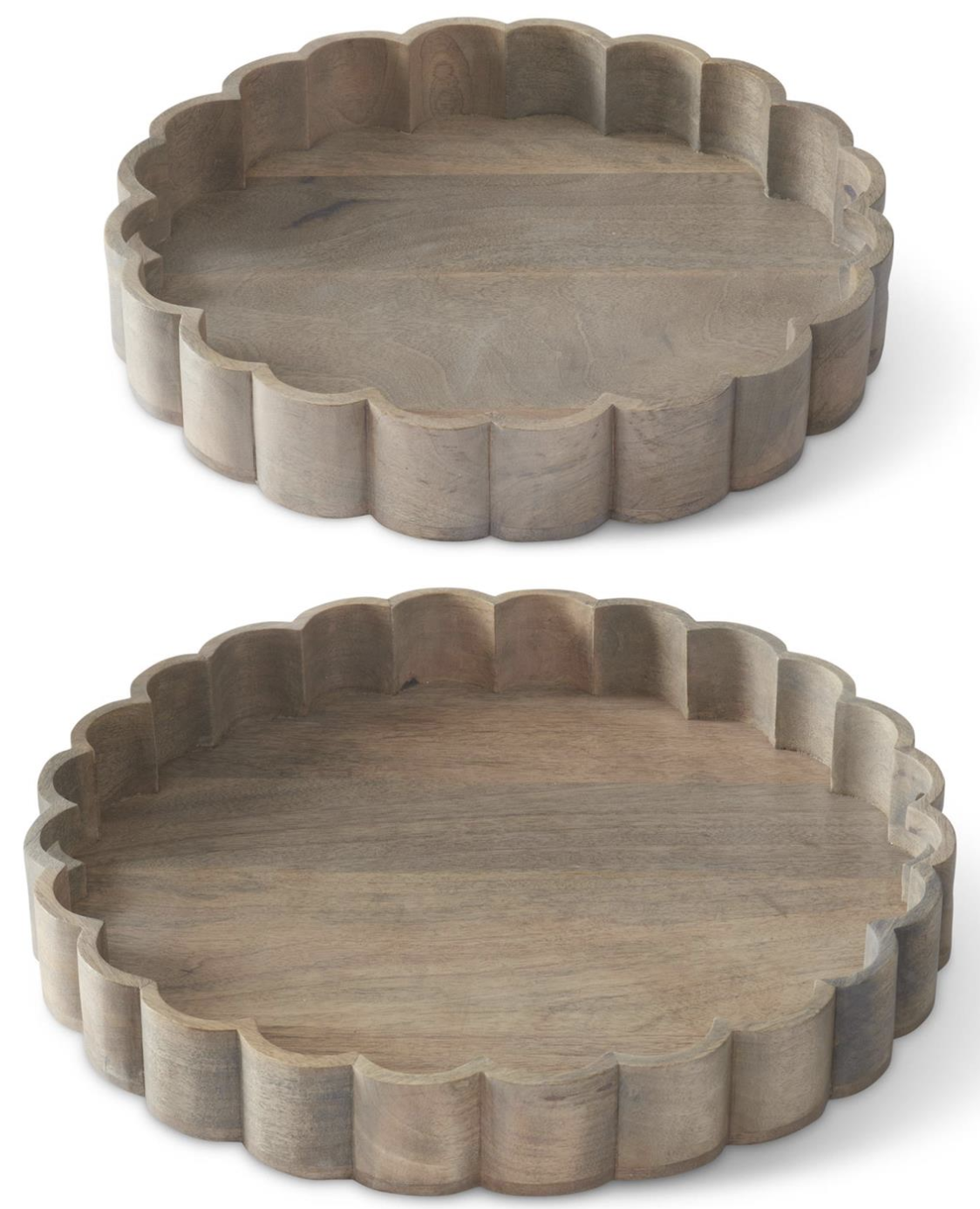 Two wooden trays with scalloped edges on a white background