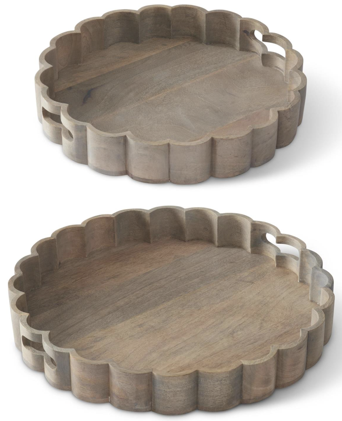 Two wooden trays with scalloped edges on a white background
